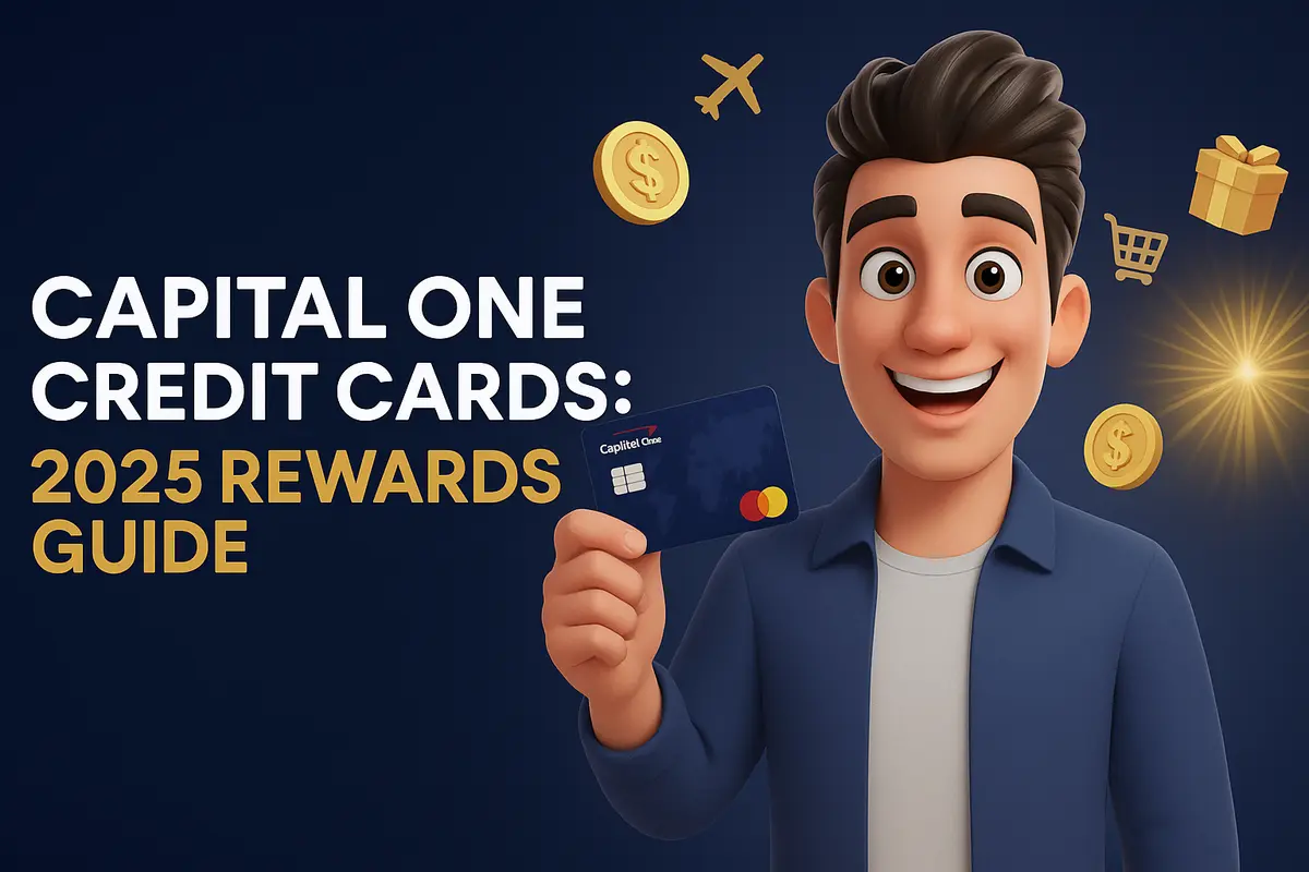 Capital One credit cards 2025 rewards guide banner with 3D character holding Capital One card