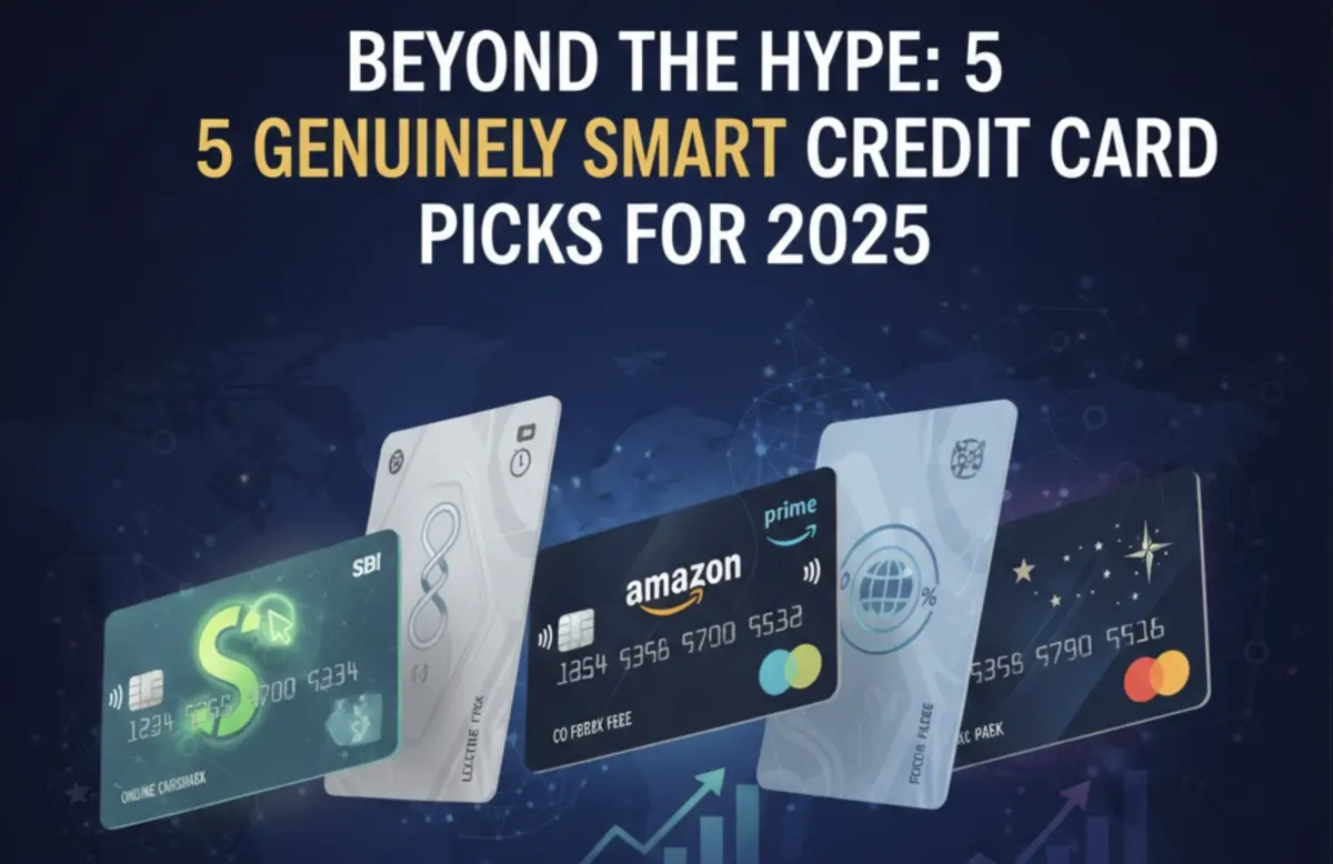 Five credit cards representing smart financial choices for 2025 float above an ascending financial graph.
